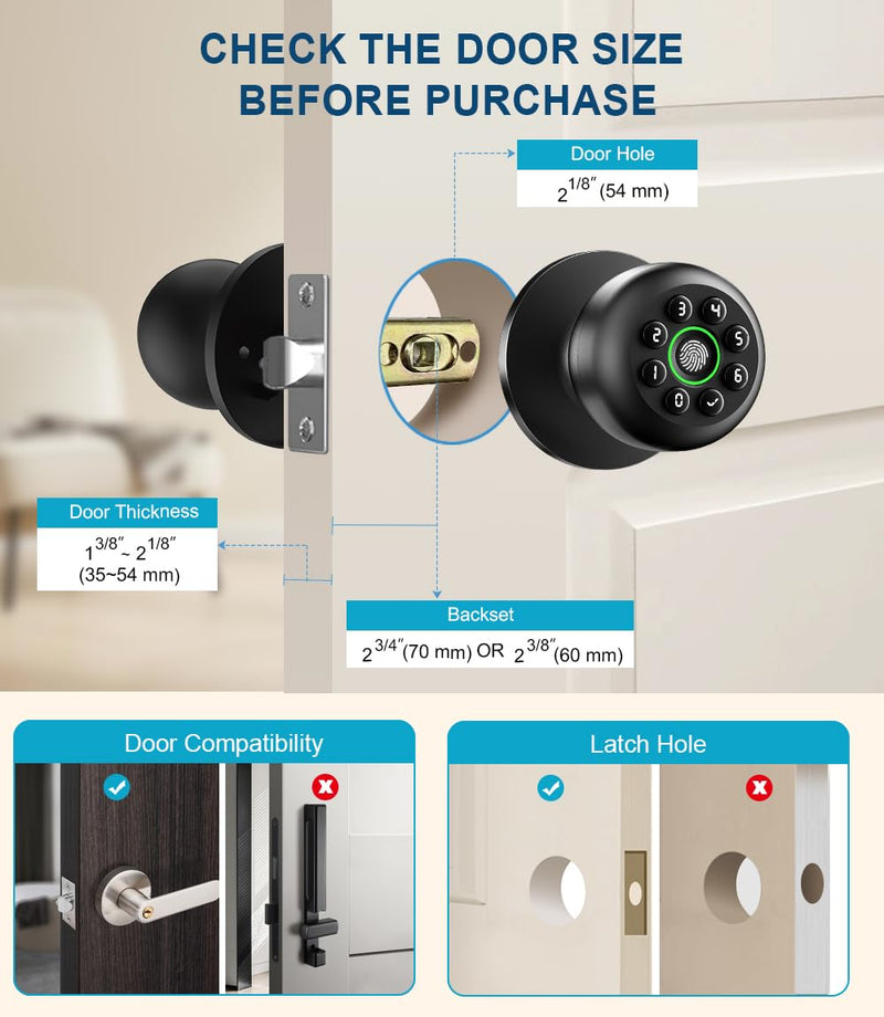 Fingerprint Door Lock, Smart Fingerprint Door Knob with Keypad, Biometric Door knobs with App Control, Auto Lock Door Lock with Code, Keyless Door Knob with Locks for Bedroom, Home,Office-Matte Black Matte Black