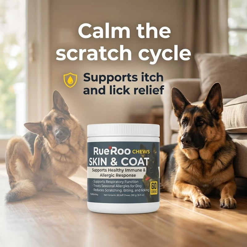 Skin & Coat Chews for Dogs – Omega-3 Fish Oil (EPA & DHA), Biotin & Vitamins A + D3 – Supports Itchy Skin, Dry Skin, Shedding & Shiny Coat – Puppies to Seniors – 60 Soft Chews