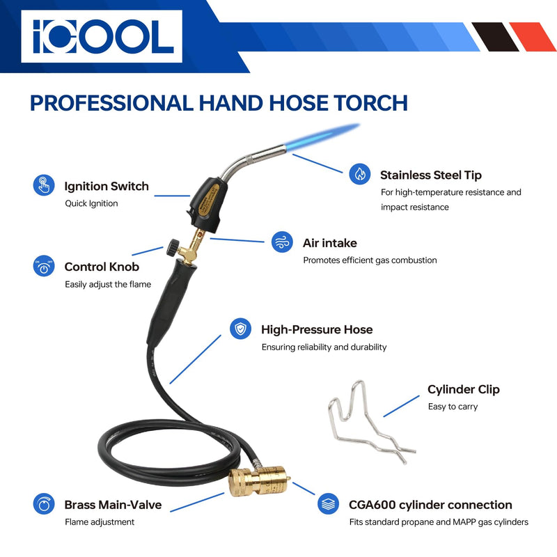 ICOOL Propane Torch with Hose, Mapp Gas Torch with Valve, Trigger Start Maximum Temperature 3600℉, CGA600 Cylinder Connection, Welding Torch for Soldering, Plumbing, HVAC (Includes Cylinder Clip) Quick ignition with Valve