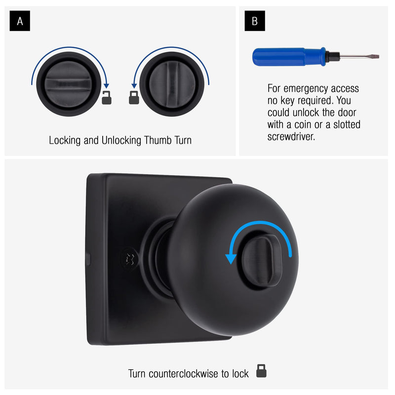 BRINKS – Contemporary Privacy Locking Interior Ball Door Knob, Matte Black - Designed for Sleek and Modern Homes and Blends Seamlessly with Interior Décor (E2436-122) (3 Pack) 3