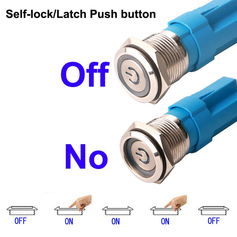 2pcs 0.47"/12mm Stainless Steel Self-locking Latching Push Button Switch 12V-24V 3A Power Symbol LED Normally Open SPST ON Off Waterproof Toggle Switch with Wire Socket Plug (Blue+Red) Blue&Red-Latching