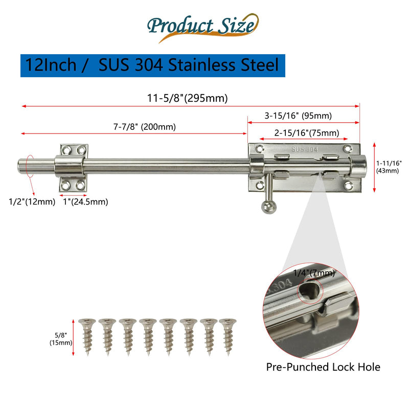 2PCS 304 Steel Silver 12" Slide Bolt Latches, Heavy-Duty 304 Stainless Steel Gate Door Slide Latches