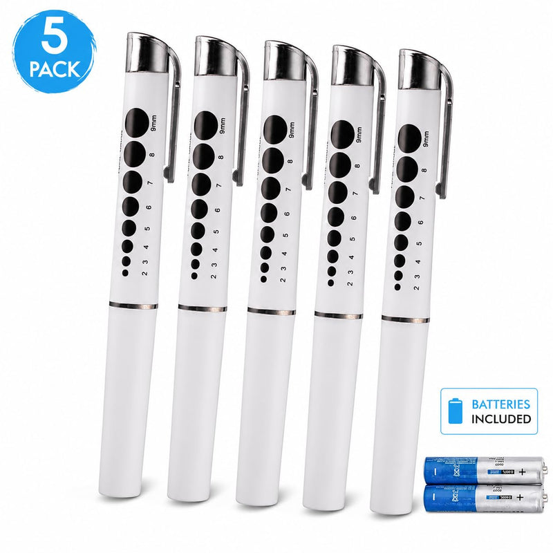 NOVAMEDIC NM-9314-5 5 Pack LED Pen Lights with Pupil Gauge, Reusable Medical Diagnostic Penlights for Doctors, Nurses, EMTs and Nursing Students, White, Batteries Included