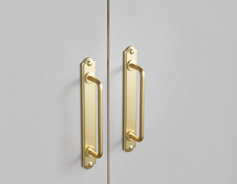 Goo-Ki 5.04" c-c Cabinet Handles Brushed Brass Solid Zinc Alloy Drawer Pulls with Plate - 2 Pack Bar Cabinet Pulls Kitchen Hardware Dresser Handles with Spacer 5.04"(128mm) Center to Center