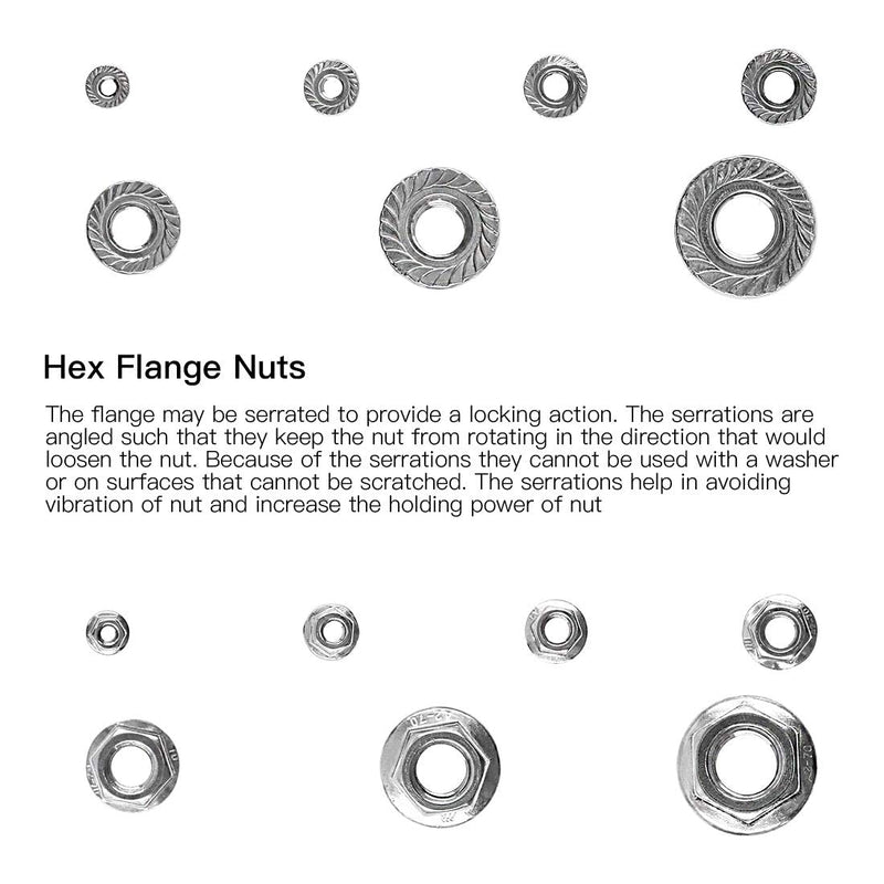 Swpeet 165Pcs 304 Stainless Steel Serrated Metric Flange Nuts Insert Hex Lock Nuts Assortment Kit - M3 M4 M5 M6 M8 M10 M12 M3-M12