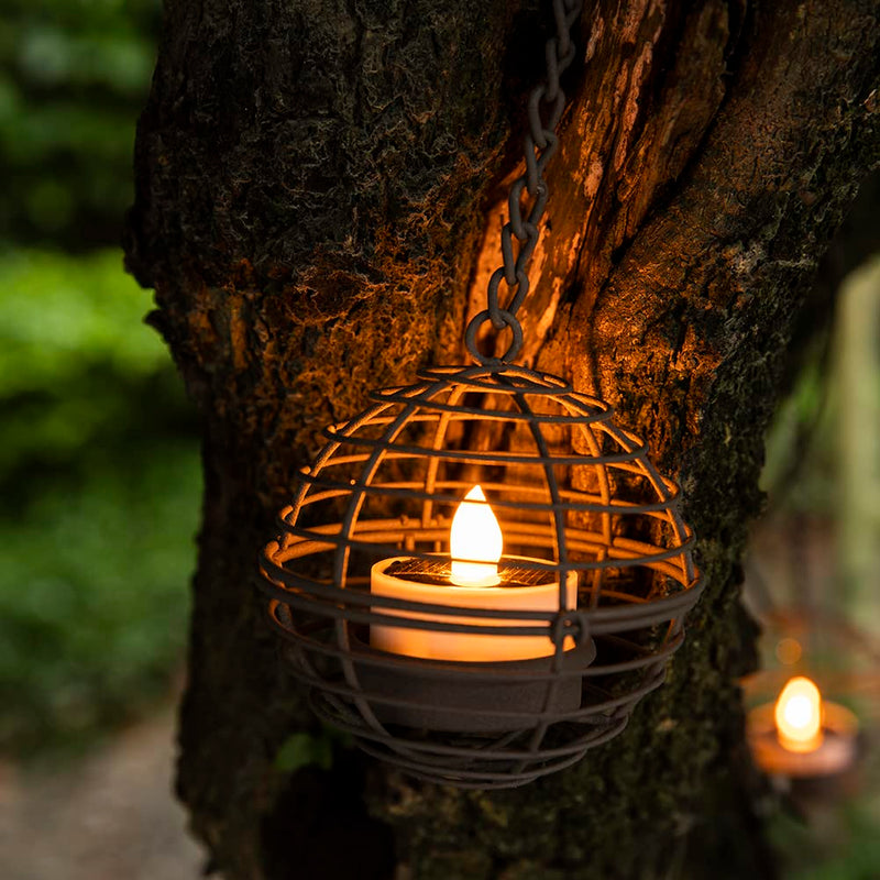 Solar Hanging Lanterns Outdoor Waterproof, Rust Iron Ball Candle Holder with Flickering Solar Powered Tea Lights, Perfect Chargeable Solar Lights for Backyard Patio Garden Fence Tree Decoration-4Pack 4PK Hanging Lights