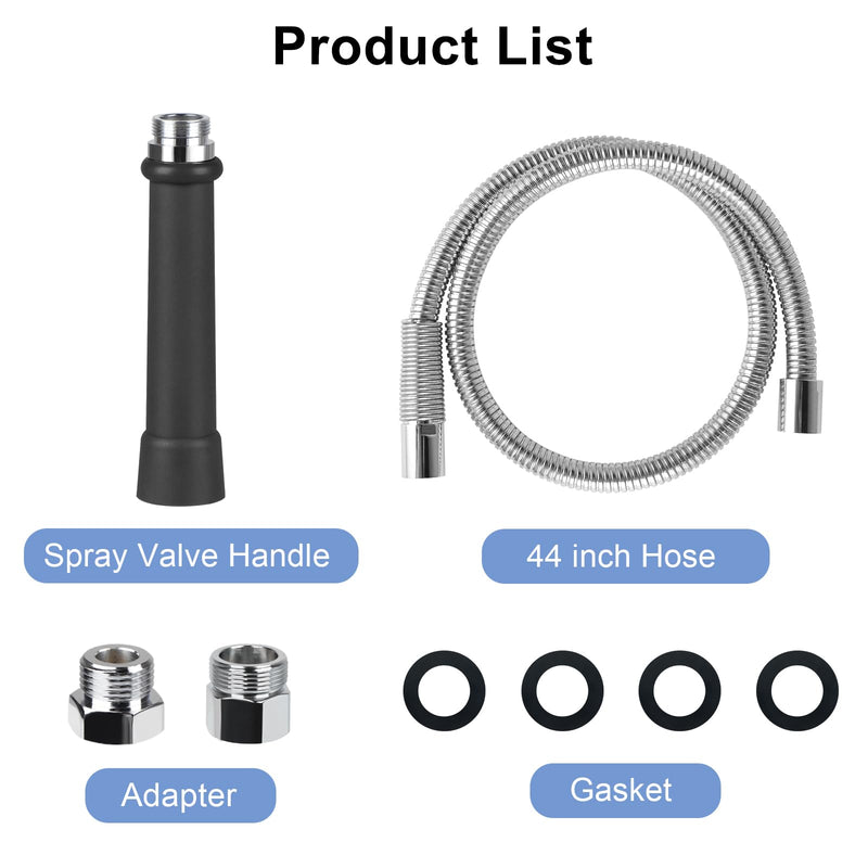 Replacement B-0044-H Commercial Sink Sprayer Hose for T&S Brass, 44 inch Stainless Steel Flexible Pre-Rinse Hose with Heat Resistant Black Handle Commercial Kitchen Sink Faucet Dish Spray Part