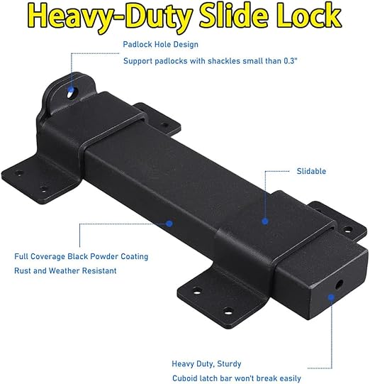 7.5" Heavy Duty Security Slide Latch Lock,with Padlock Hole Adjustable Gate Latch for Wooden Fences Barn Doors, Interior and Outdoor Door Latch,etc.