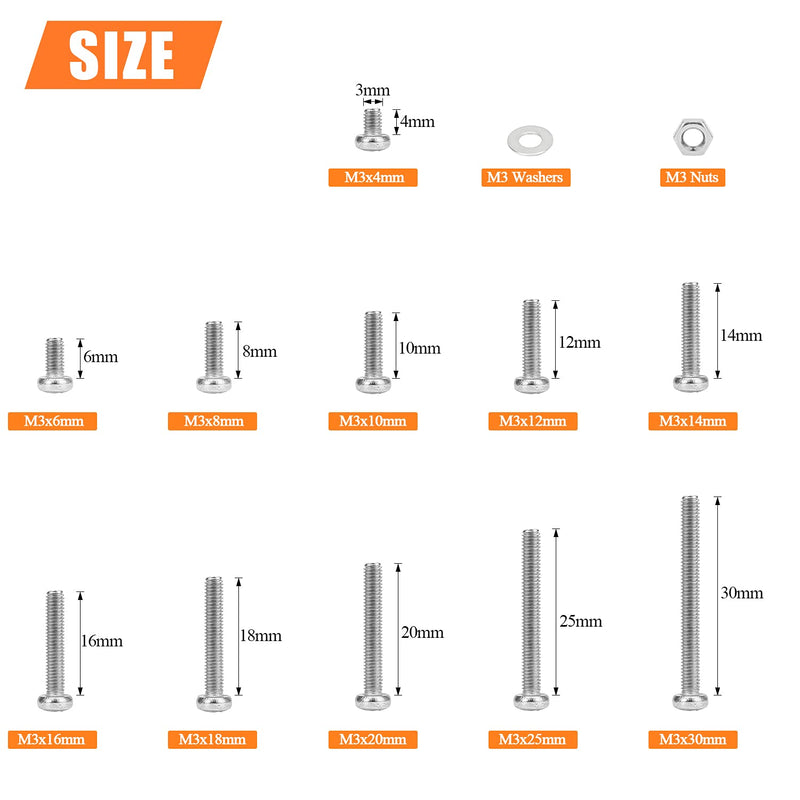 485 Pieces M3 x 4mm /6mm /8mm /10mm /12mm /14mm /16mm /18mm /20mm /25mm / 30mm, Phillips Pan Head Machine Screws, Metric Screws Bolts Washers Nuts Kit, 304 Stainless Steel 485 Pieces M3 Screw Kit