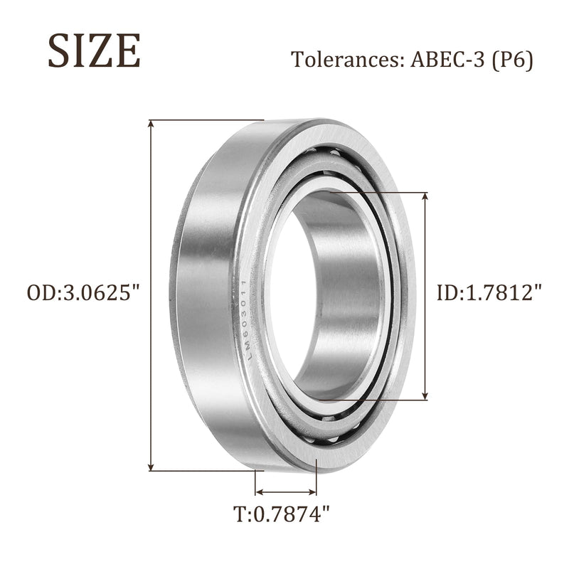 uxcell LM603049/LM603011 Tapered Roller Bearing Cone and Cup, 1.7812" Bore x 3.0625" OD x 0.7874" Thick, Chrome Steel Taper Bearing Set