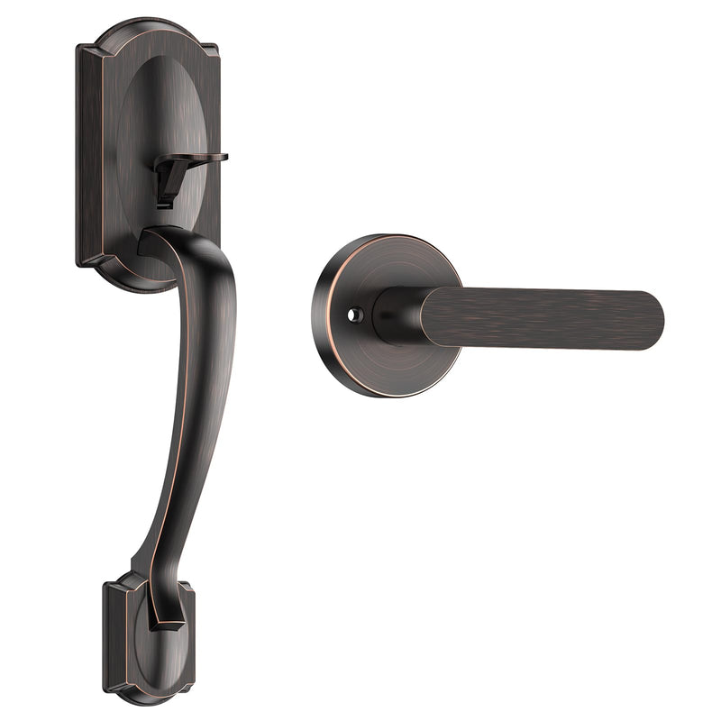 Front Door Handle No Lock, Entry Door Handle Exterior with Interior Reversible Handle Lever, Lower Half Grip, Single Cylinder, Door Handle Sets for Right Left Handed Door, Oil Rubbed Bronze