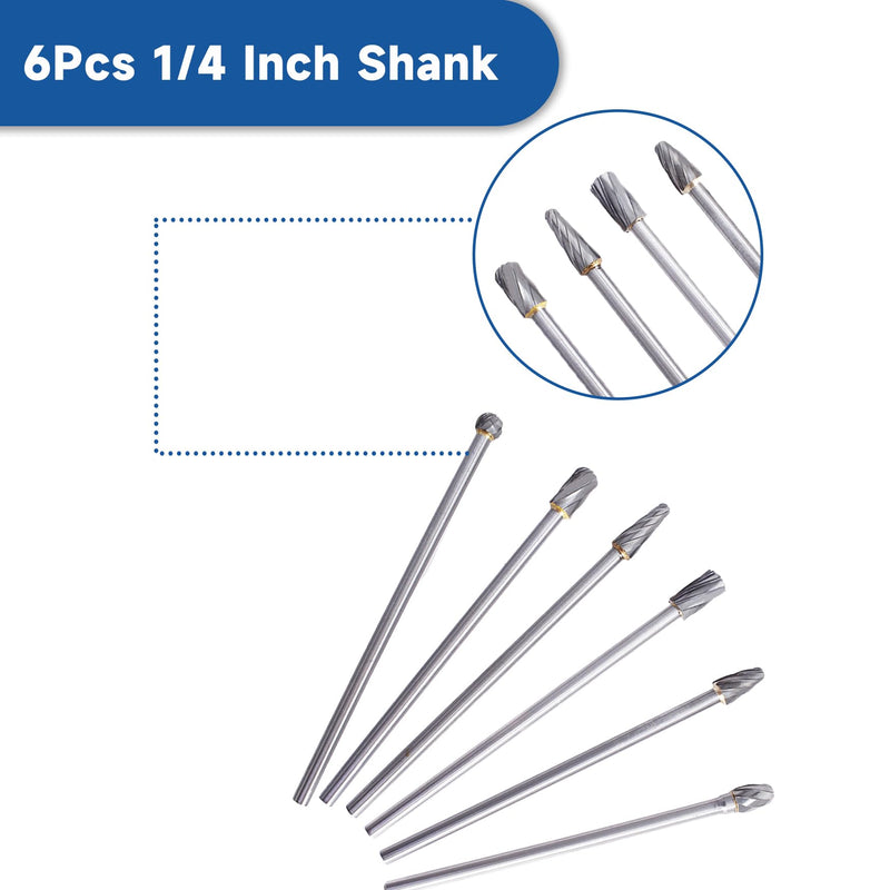 WFLNHB Carbide Alloy Rotary Burr Set - 6Pcs 6mm 1/4 Inch Shank 150mm Long Fit Rotary Tool for Woodworking, Drilling, Metal Craving, Engraving, Polishing