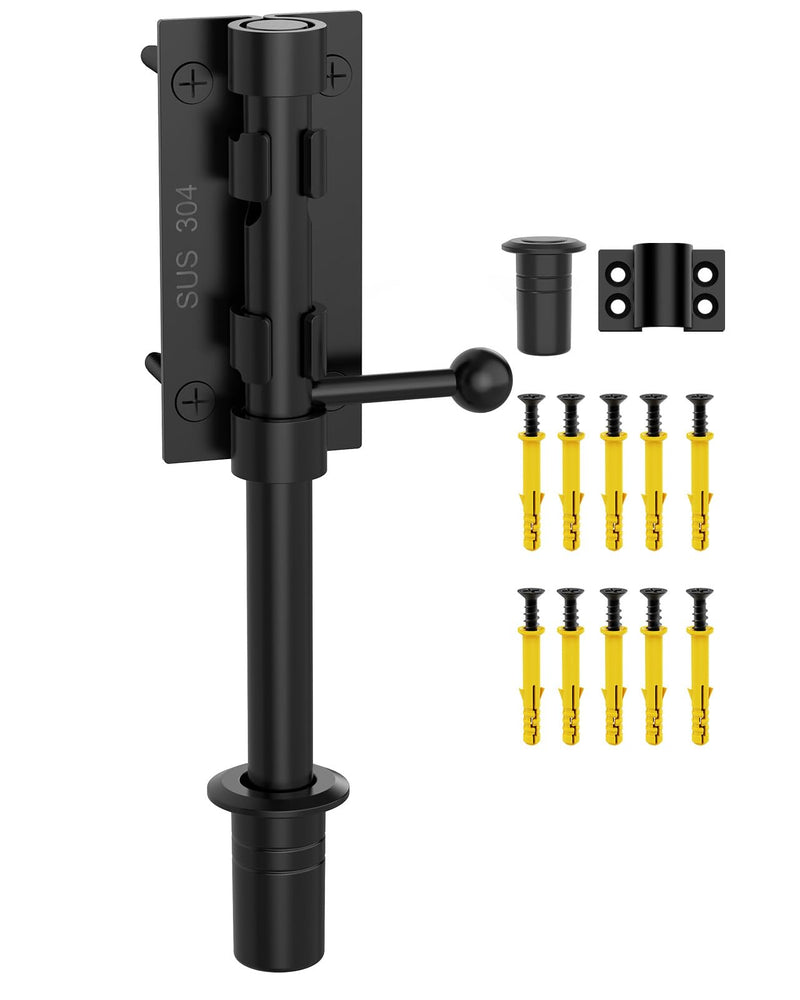 304 Stainless Steel Slide Bolt Gate Latch, 8-Inch Sliding Barrel Bolt Door Lock, Heavy Duty Ground Latches Hardware for Wooden Shed Barn Doors, Gate, Outdoor Fence, Yard (Black-1pc 8inch) Black-1pc 8inch