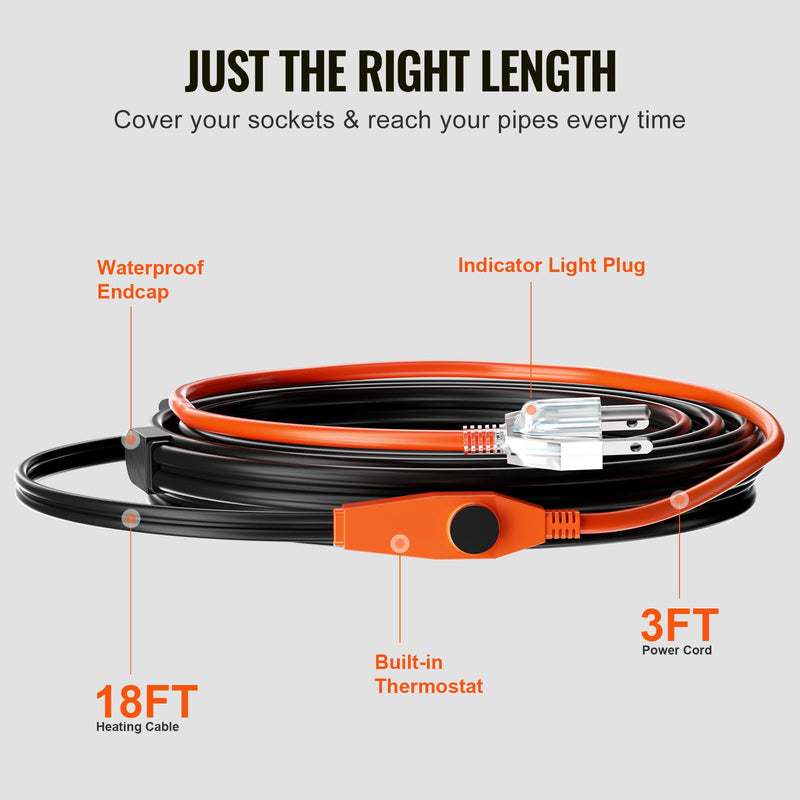VEVOR Pipe Heating Cable, 18-feet 7W Heat Tape for Pipes with Built-in Thermostat, Protects PVC Hose, Metal and Plastic Pipe from Freezing, 120V 18FT