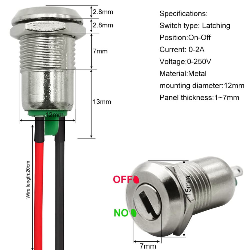 12mm On/Off Metal Key Lock Switch Prewired Key Switch Lock Maintained Latching Key Switch(Pack of 4) Prewire Key Lock Switch