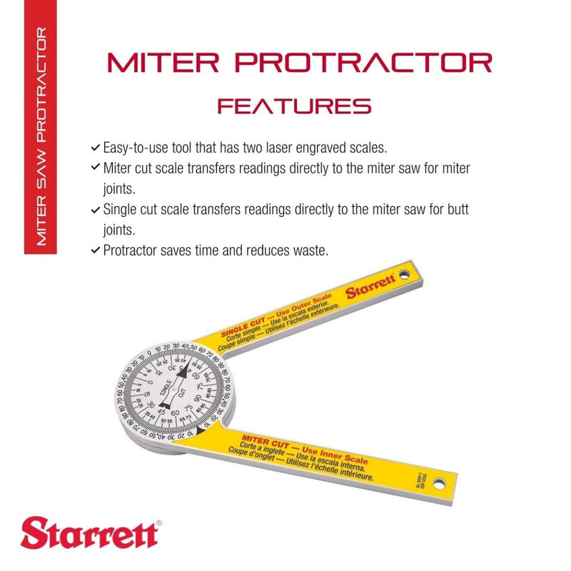 Starrett Hardened Plastic Miter Protractor Angle Finder with Two Laser Engraved Scales - Ideal for Carpenters, Plumbers, and All Building Trades - 7" Length - 505P-7 Plastic Dial Reading Miter