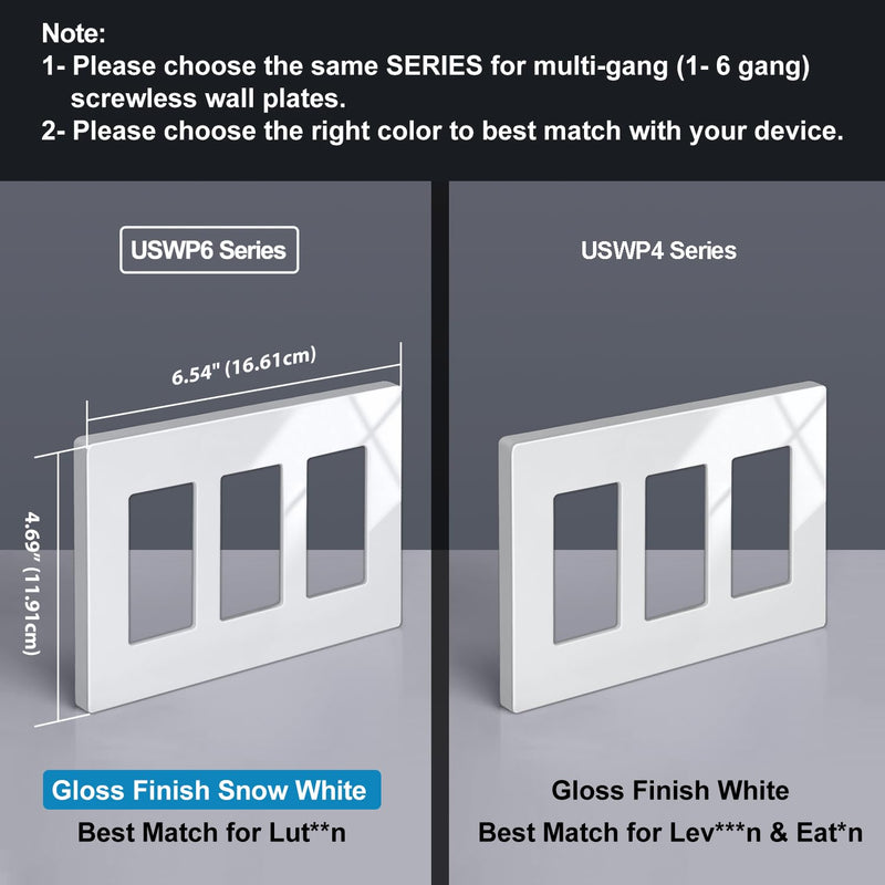 BESTTEN 5 Pack Screwless Decorative Wall Plate, 3-Gang Decorator Outlet Cover, Decor Switch Cover, USWP6 Gloss Snow White, H4.69” x W6.54”, Wallplate for Dimmer, GFCI, USB Receptacle 3 Gang 5PK