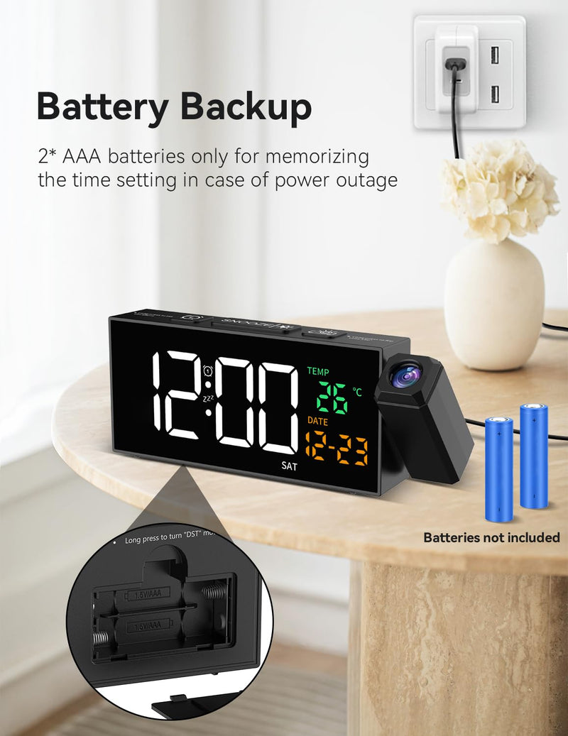 Netzu Projection Clock for Bedroom Ceiling, Alarm Clocks with 180° Rotatable Projector, Date Temperature and Weekday, Manual DST, 5 Brightness, 10 Ringtones, 4 Volumes and Snooze (Black) Black