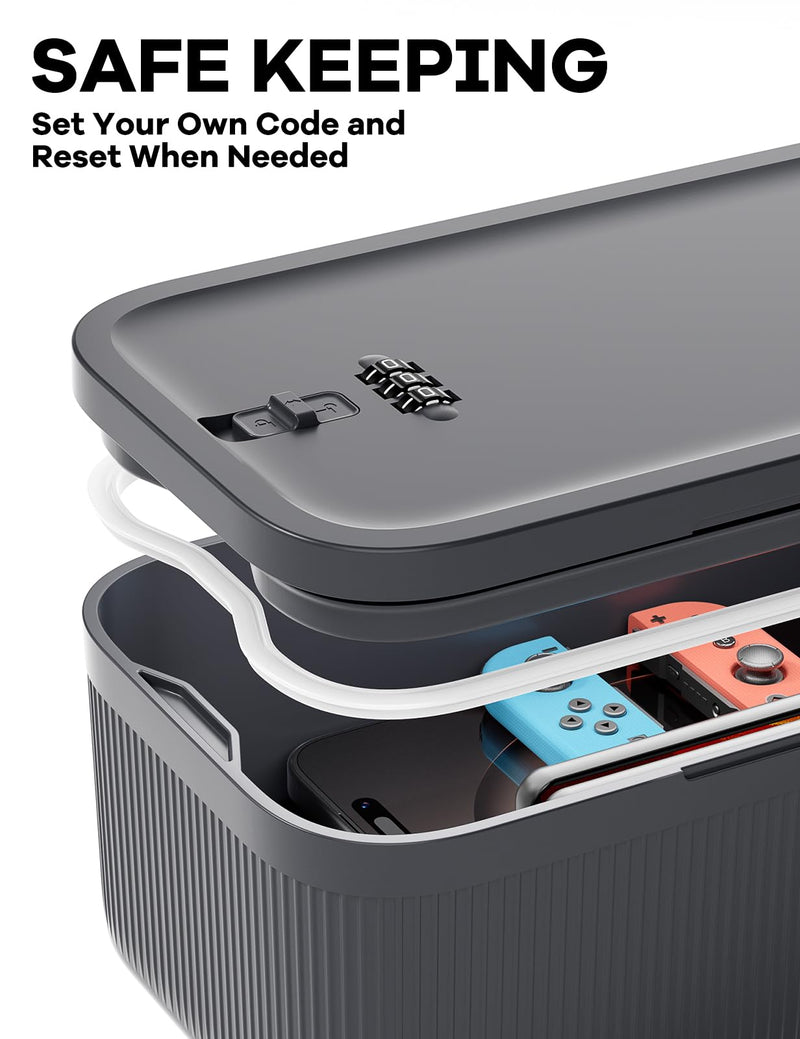 Small Lock Box for Medication Safe, Lockbox for Phone Jail, 2 Litre Medicine Lockable Storage Box with Code for First Aid Kits, Locked Food/Snackle Box Container for Home/Fridge/Office Grey Blue
