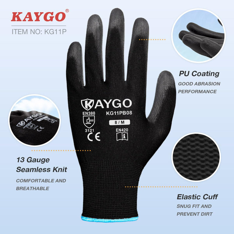 KAYGO Safety Work Gloves PU Coated,12 Pairs KG11PB Seamless Knit Glove for Men and Women, with Smooth Grip on Palm and Fingers, Ideal for General Duty Work (Large, Black) Large (Pack of 12)