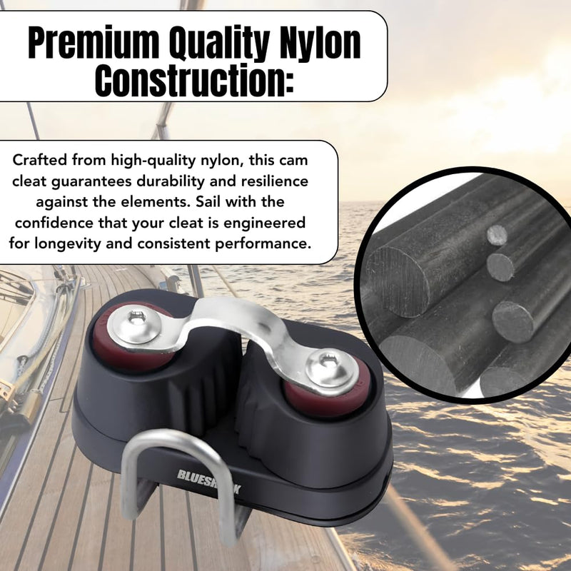 BLUESHARK Nylon Sailing Cam Cleat with Wire and Strap Fairlead 132 | for Line Sizes 1/8" in - 3/8" in (3-10 mm) | 200 lb Safe Working Load 500 lb Breaking Load | Premium Quality 2 Pack
