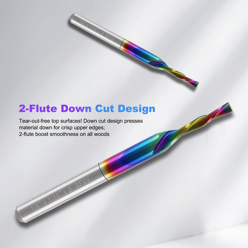 10 Pcs CNC Downcut Router Bits 1/8" Shank, 1/16" Cutting Dia. 2-Flute Flat Nose Carbide End Mill with DLC Coating, 1/2" CL, 1-1/2" OVL.Solid Carbide CNC Bit for Wood PVC MDF Hardwood Engraving 1/16"