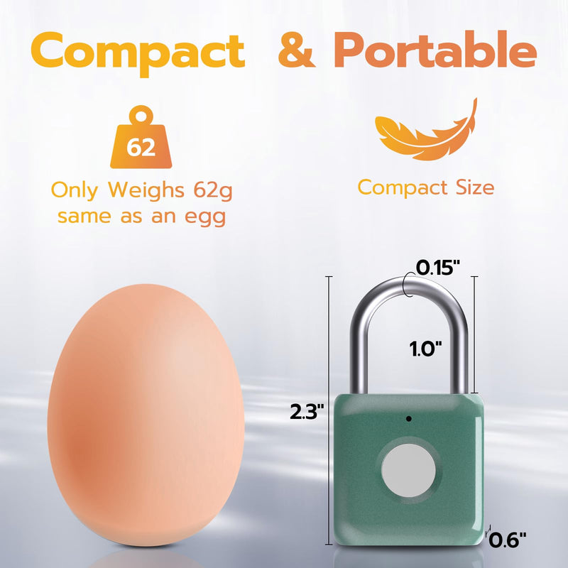 Pothunder Fingerprint Padlock, Smart Metal Keyless Fingerprint Lock, Waterproof, USB Rechargeable, for Gym, School, Luggage, Backpack, Suitcase, Green