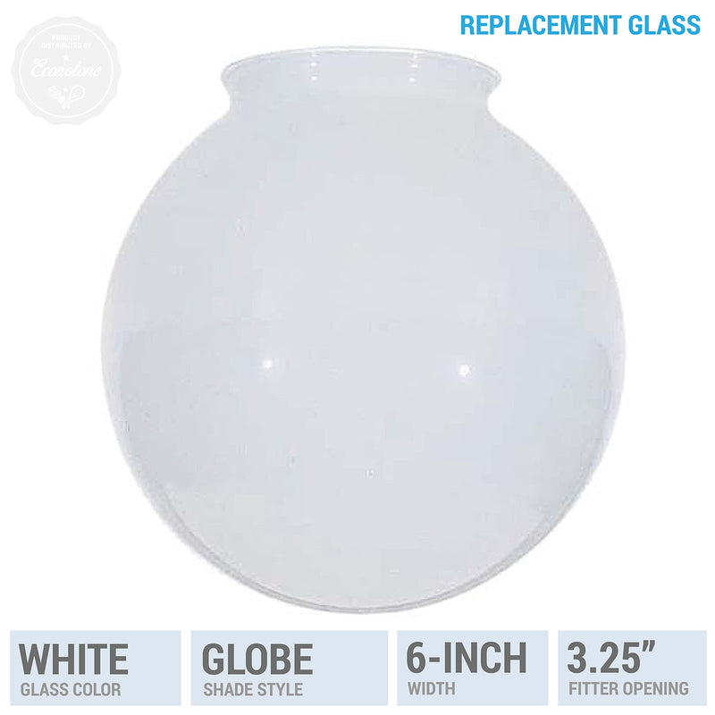KOR K21815 6-Inch White Glass Globe Lamp Shade - 3-1/4-Inch Fitter Opening - Lighting Fixture Replacement Globe Style