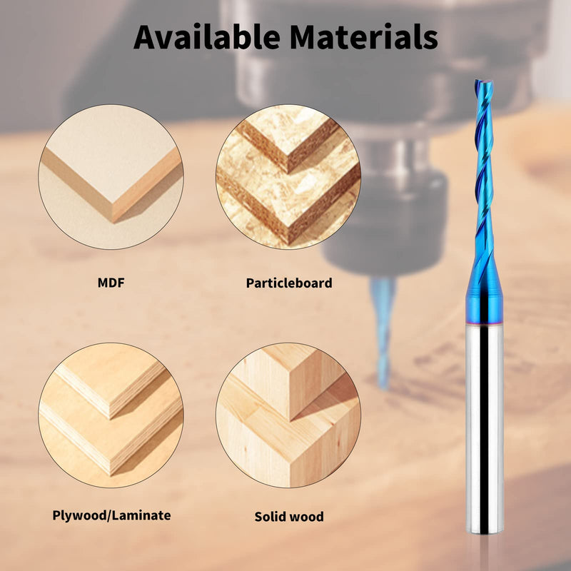 Upcut Spiral Router Bit 1/4 inch Shank, 1/8 inch Cutting Diameter, Extra Long 3 inch Solid Carbide with Nano Blue Coating CNC Router Bits End Mill for Wood Cut, Carving 3" OVL - Up Cut