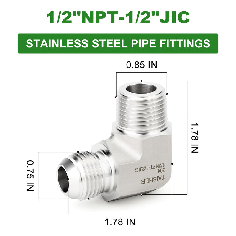 TAISHER 2PCS Forging of 304 Stainless Steel 90 Degree Elbow JIC Flare Tube Fittings, 1/2" JIC Male x 1/2" NPT Male, Half Union 1/2" JIC x 1/2" NPT(90 Degree Elbow) 2