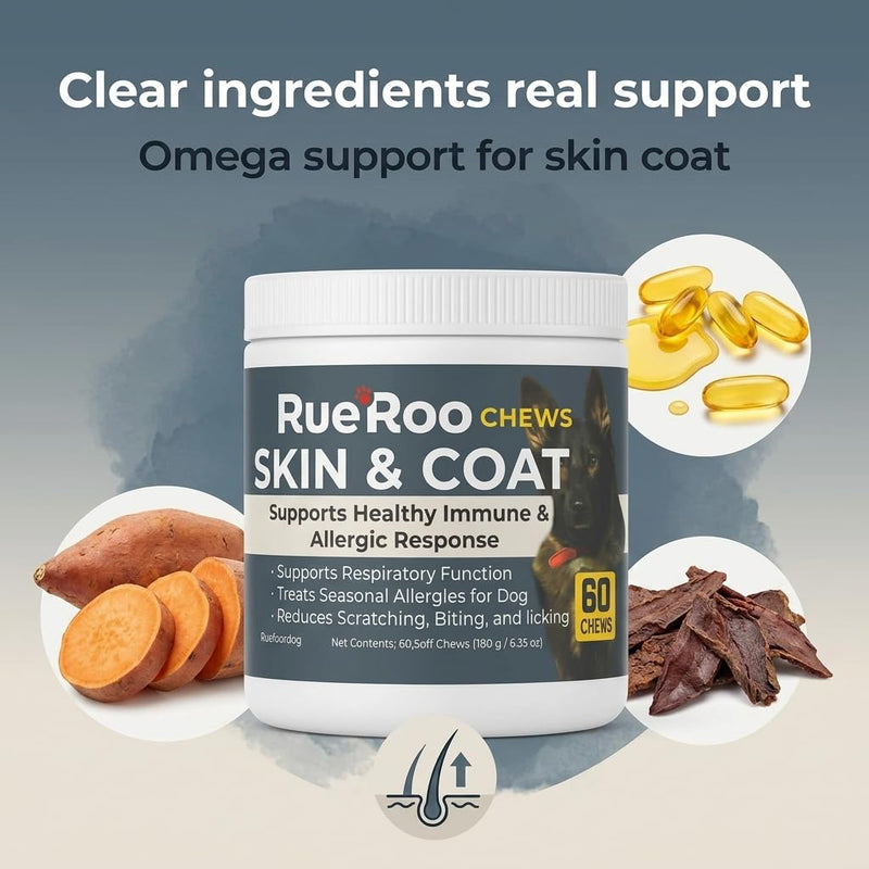 Skin & Coat Chews for Dogs – Omega-3 Fish Oil (EPA & DHA), Biotin & Vitamins A + D3 – Supports Itchy Skin, Dry Skin, Shedding & Shiny Coat – Puppies to Seniors – 60 Soft Chews
