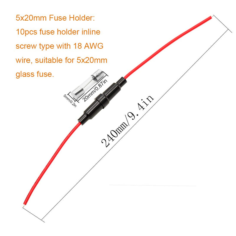 Fuse Holder Kit:10pcs 18 AWG Screw Type 5X20 Inline Fuse Holder + 150pcs Quick Blow 250V Fuse 0.1A,0.2A,0.5A,1A,2A,3A,5A,8A,10A,15A,5x20mm, 0.5A,1A,5A,10A,15A,6x30mm A Type fuse kit - NewNest Australia