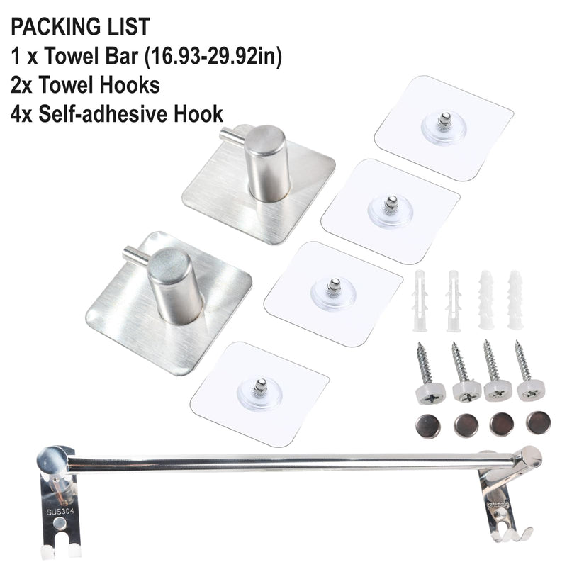 3 Pcs Bathroom Hardware Set, Includes 17 to 30 in Adjustable Bathroom Towel Bar/Towel Rack 304 Stainless Steel Wall Mount, 2 Pcs Adhesive Towel Hooks for Kitchen or Bathroom