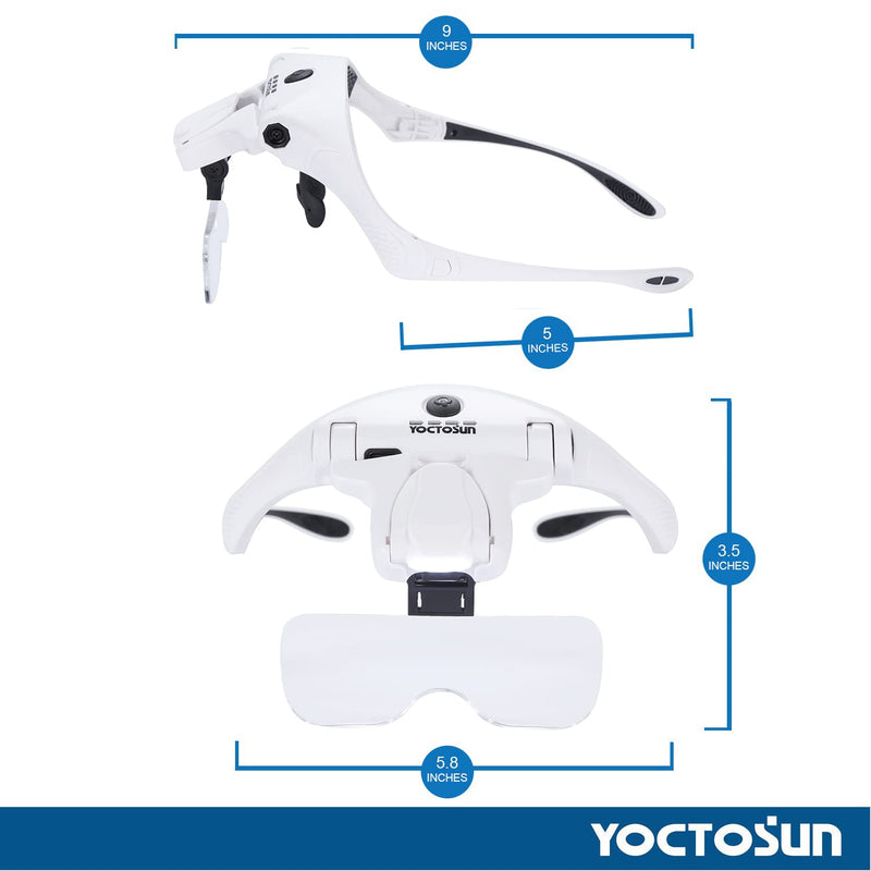 YOCTOSUN Magnifying Glasses with 4 LED Lights, Head Mount Magnifier with Storage Case,5 Lenses, Headband, Hands Free Lighted Head Magnifying Visor for Hobby Crafts & Close Work White With Storage Case