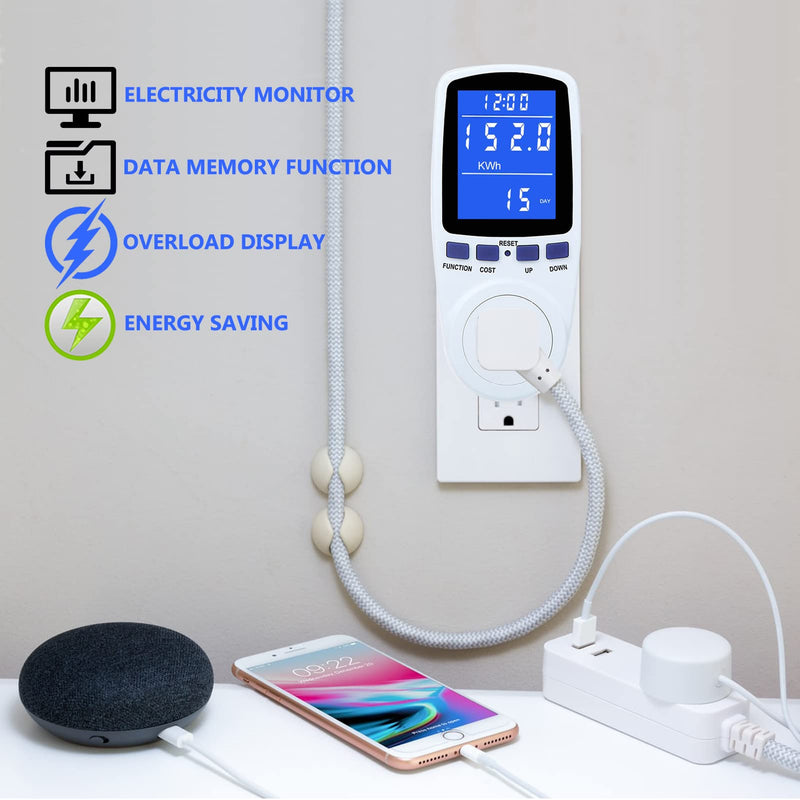 Upgraded Watt Power Meter Plug Home Electrical Usage Monitor Consumption, Energy Voltage Amps Kill Tester with Backlight, Overload Protection, 7 Modes Display 1 Pack White