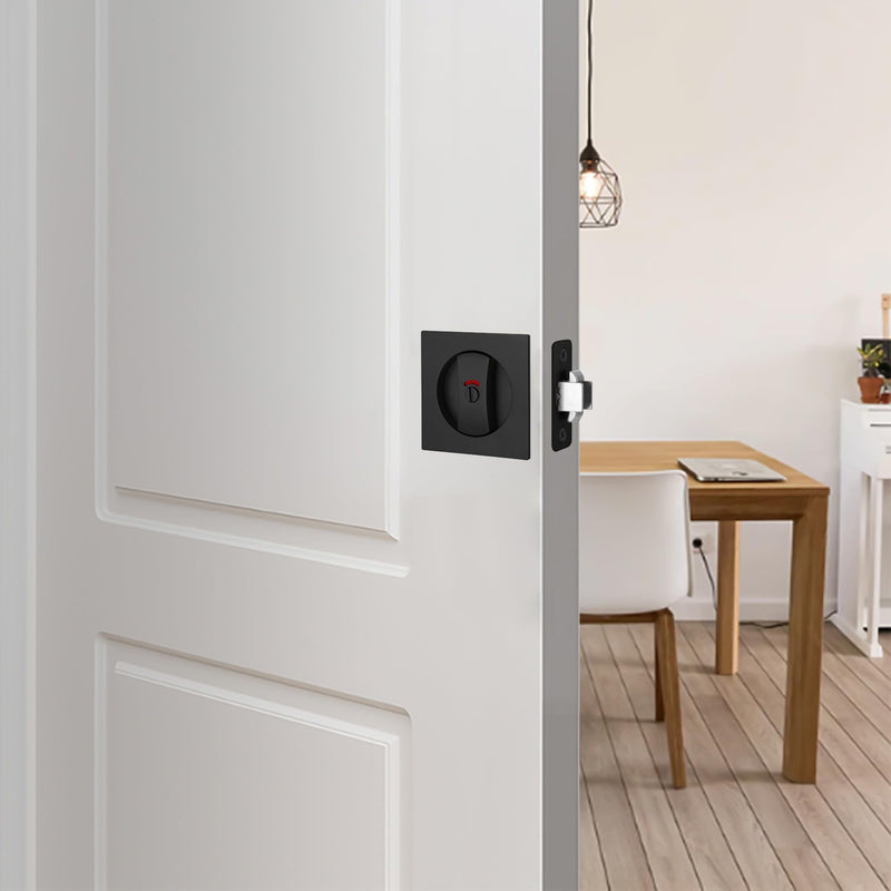 Malimali Pocket Door Lock, Matte Black Pocket Door Hardware Square Door Lock with Red-Green Indicators for Privacy Sliding Door Bifold Door Locks and Pulls Handles Privacy (Indicator) -Square