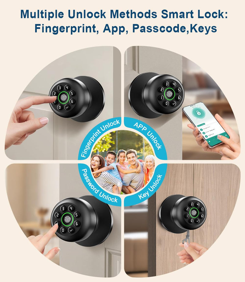 Fingerprint Door Lock, Smart Fingerprint Door Knob with Keypad, Biometric Door knobs with App Control, Auto Lock Door Lock with Code, Keyless Door Knob with Locks for Bedroom, Home,Office-Matte Black Matte Black