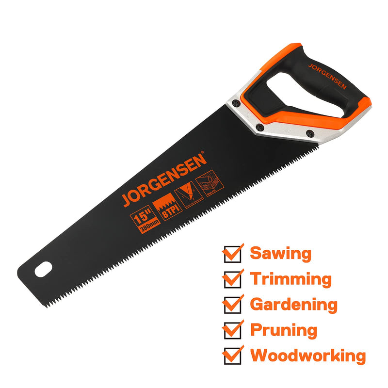 JORGENSEN 15” Hand Saw, Black Coated Coarse Handsaw 8TPI for Wood Cutting, Ergonomic Non-Slip Aluminum Handle for Sawing, Trimming, Gardening, Pruning, PVC