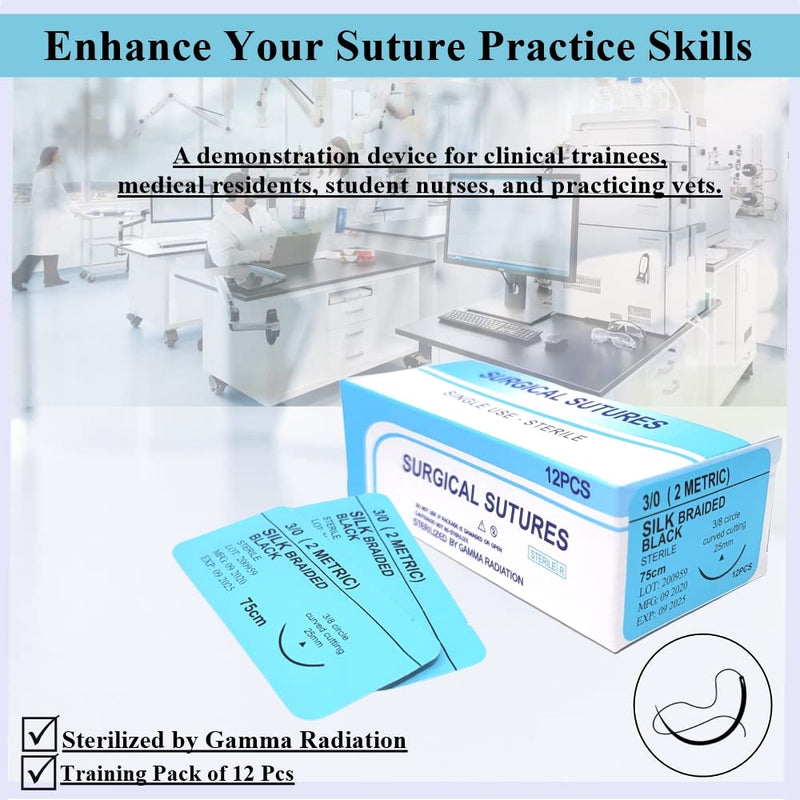 HTI Practice Suture Thread 3-0 Silk Sterile with Needle Box of 12 Pcs for Nursing Student Training Kit Practicing Suturing MD, RN, EMT, Vet Demo