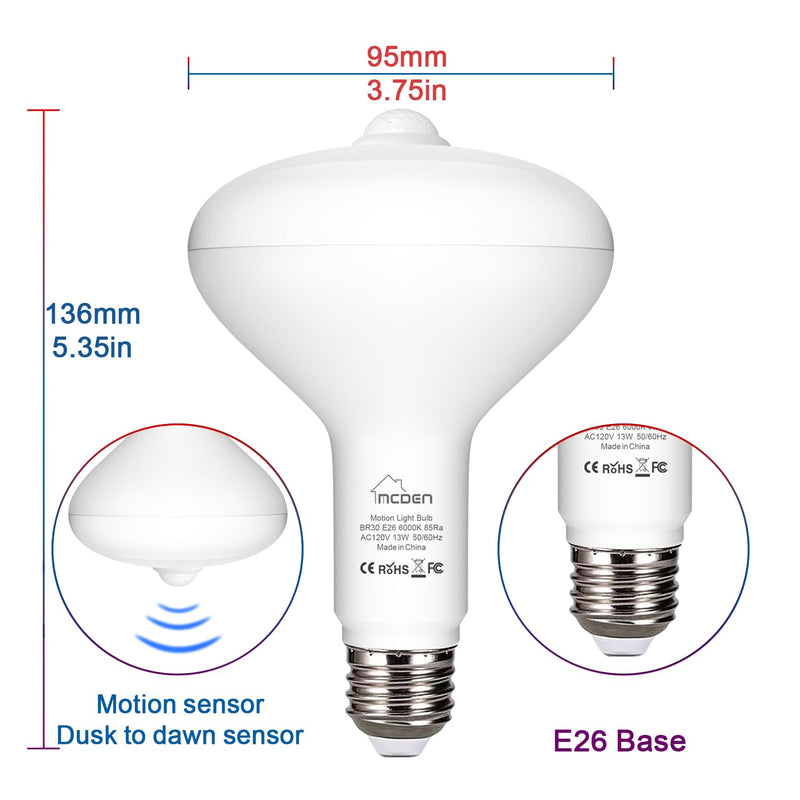 McDen Motion Sensor Light Bulb, BR30 13W Equivalent 100W 6000K Daylight, Indoor Motion Activation Detector Light Bulb, E26 Base Dusk to Dawn Security Night Light. 4 Packs BR30-13W