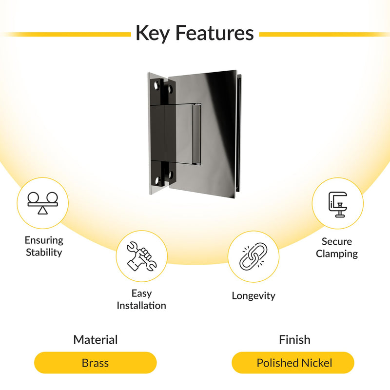 Brixwell V537PN Wall Mount Full Back Plate Hinge 4" Height for 3/8" to 1/2" Monolithic Tempered Glass 5 Degree Preset Yes Polished Nickel Finish