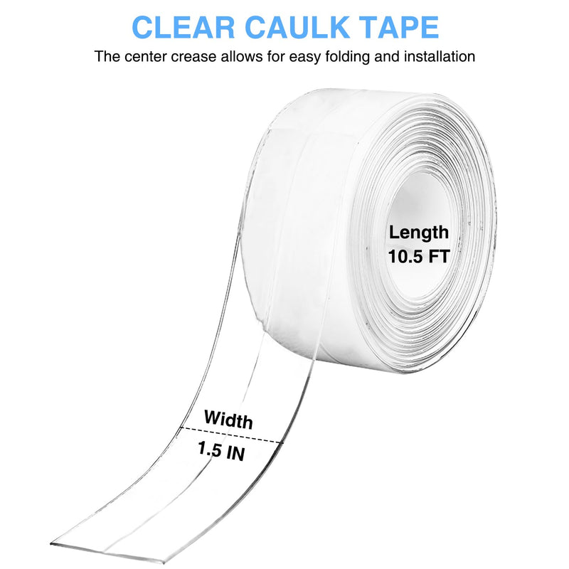 Clear Caulk Tape Self Adhesive Waterproof, Caulking Adhesive Transparent Kitchen and Wall Sealing Tape, Bathroom Sealant Caulk Strip for Toilet, Bath Tub, Sink, Shower Caulk(Clear,1.5" x10.5Ft) Clear-1.5IN-10.5FT-A