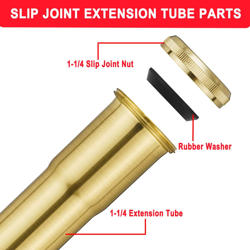 1-1/4 O.D x 12" Brass Slip Joint Extension Tube, Heavy Duty Extension Tube for Bathroom Sink Drain Tailpiece, Brushed Gold