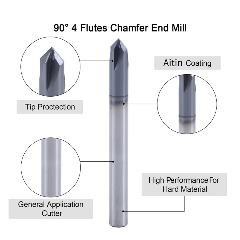 ISB 90 Degree Chamfer End Mill, 1/4'' Diameter Carbide Chamfering Mill, 4 Flute CNC V Bit for Carving V Groove and Chamfering, 5 Pcs 1/4 in