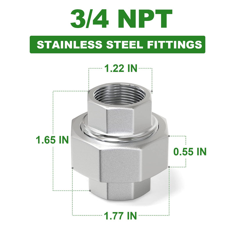TAISHER 2PCS 304 Stainless Steel Union，3/4" NPT Female Cast Pipe Fitting 3/4" NPT 2