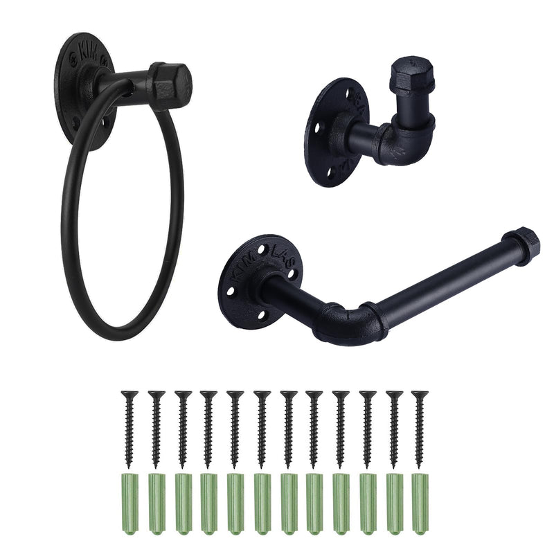 HighFree Industrial Pipe Bathroom Hardware Set, Matte Black Wall Mounted Hardware Accessories, Farmhouse Toilet Paper Holder, Towel Ring for Bathroom (Paper Holder+Towel Ring+Hook)