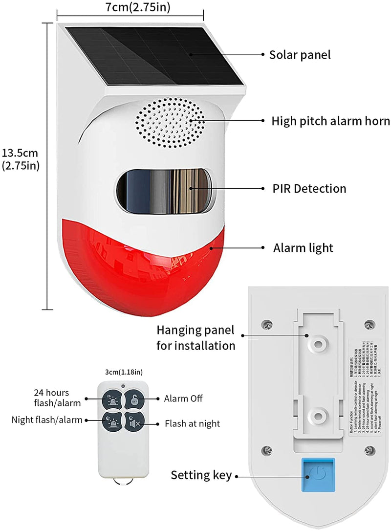 ChunHee Solar Motion Senor Alarm Outdoor Motion Detector Alarm 2 Adjustable Sensitivity 129db Lond Sound Security Siren Light IP67 Waterproof for Garden,Home,Farm,Barn,Yard 2 Light+1 Remote Control