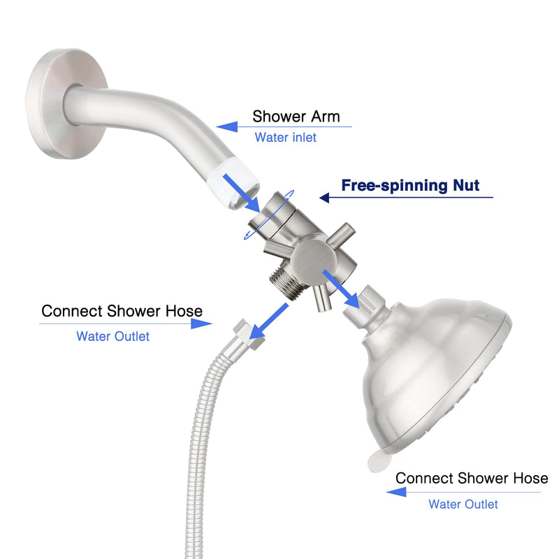 PDPBath Brass 3 Way Shower Arm Diverter Valve for Handheld Shower Head and Fixed Shower Head, G1/2 Universal Connection - Brushed Nickel