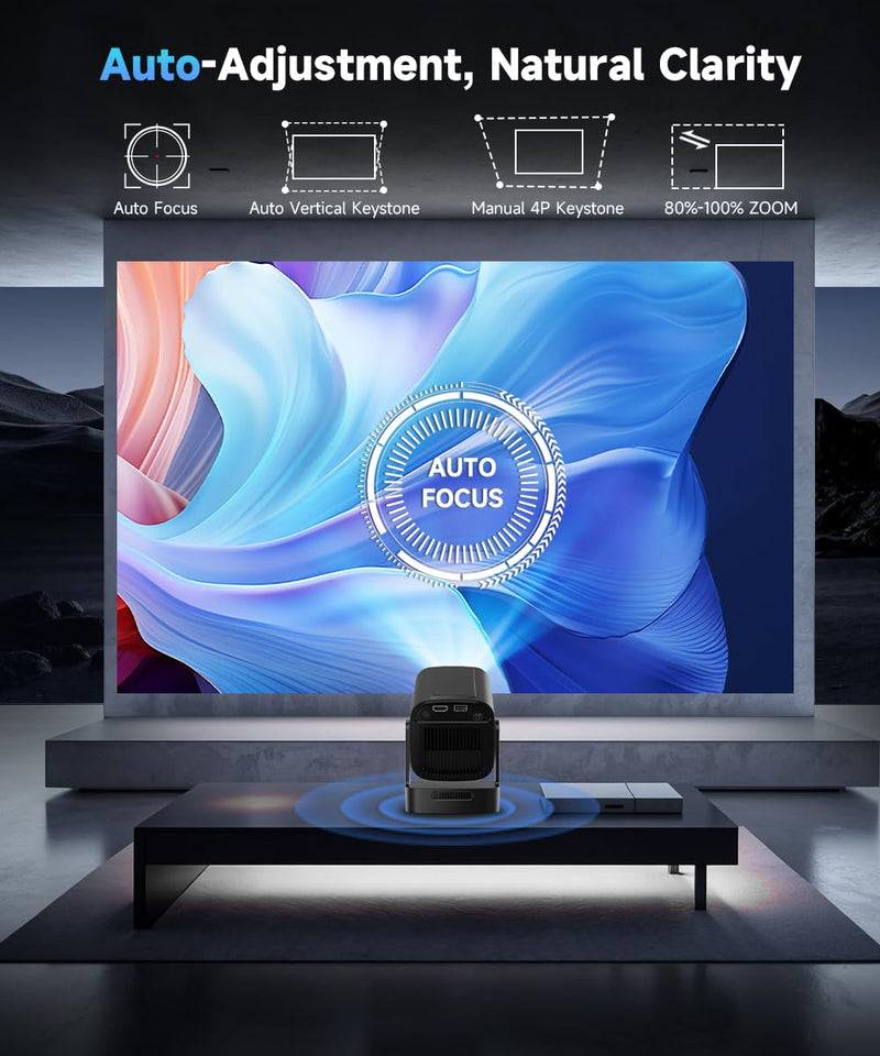 【Auto Focus &1080P】Alwtniet Mini Portable Projector, 4k Support Smart Proyector with Wifi and Bluetooth For Outdoor, 5W Speaker, Built in Apps,Home Theater, Bluetooth Movie Projector (Black) Black