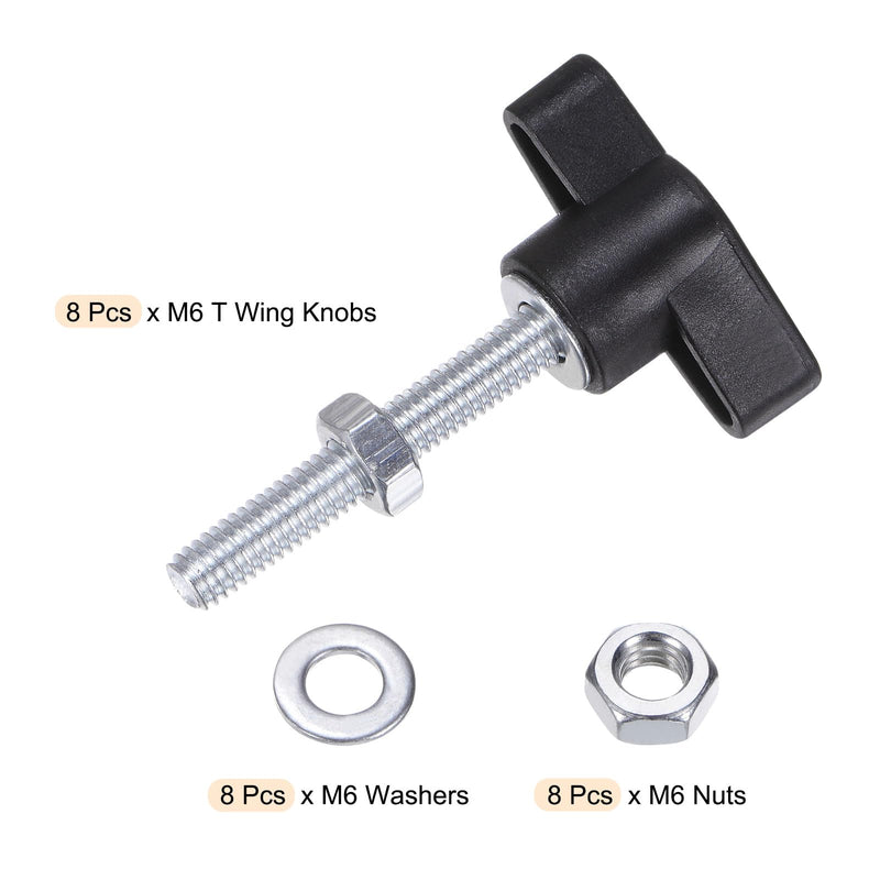 HARFINGTON 8pcs Tee Wing Knobs M6 x 40mm Metric Thread 36mm Z/T Head Plastic Handles Thumb Screws Hand Clamping Threaded Stud Knob Grip Thumbscrew with Nuts Washers, Black